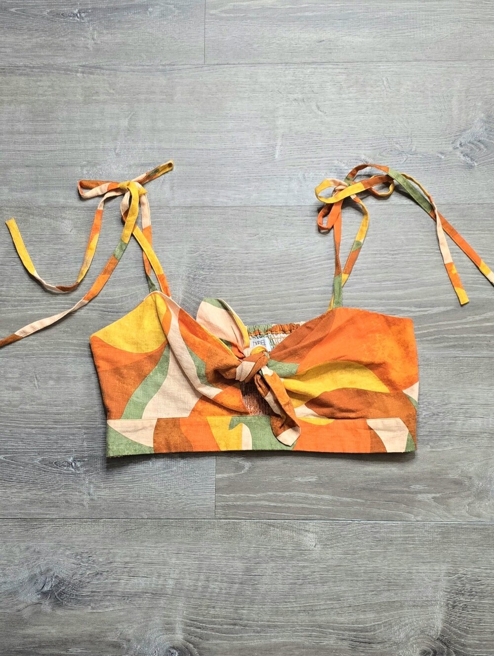Noel XL Orange Green Yellow Tie Front Crop Top Linen Blend Vacation Summer